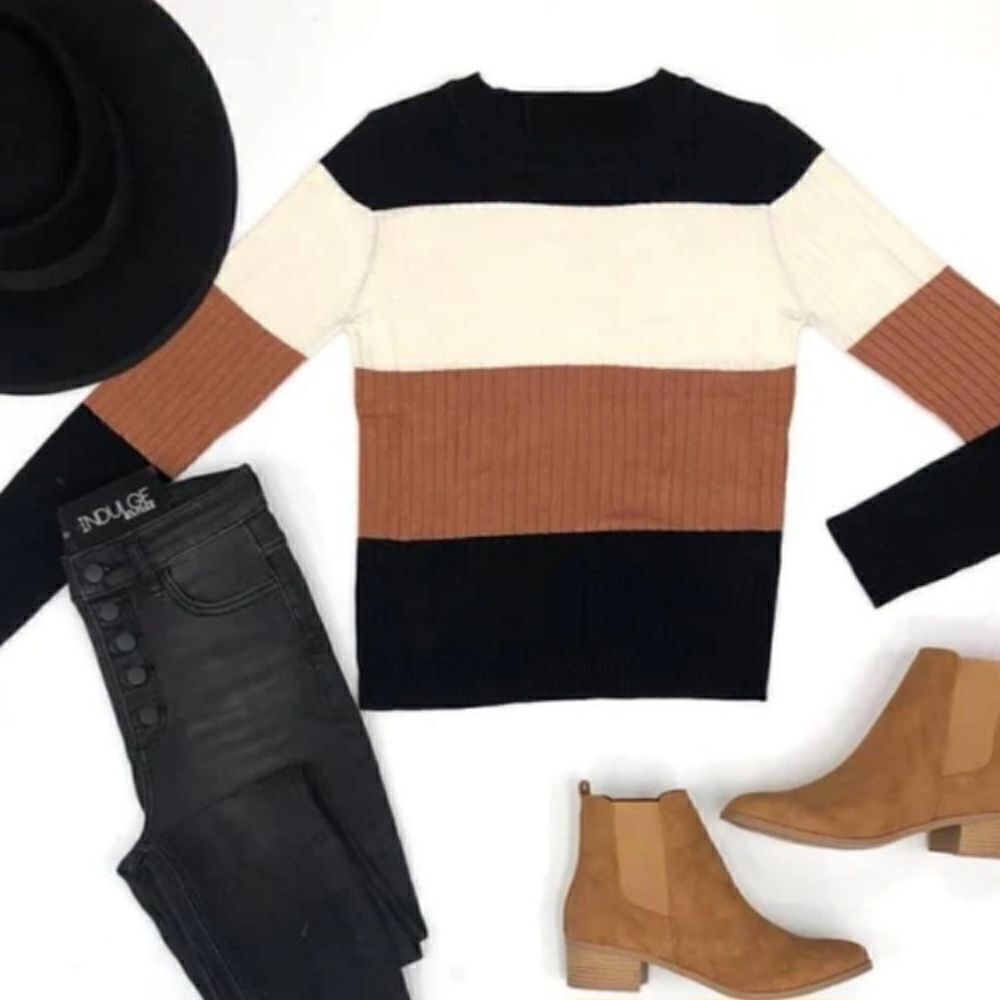 Polagram Women's Black Ivory Brown Colorblock Crewneck Long Sleeve Sweater